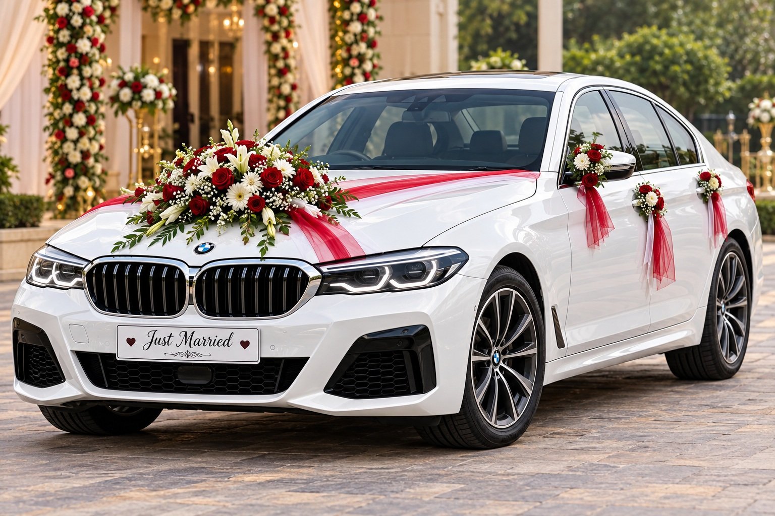 White decorated wedding car service